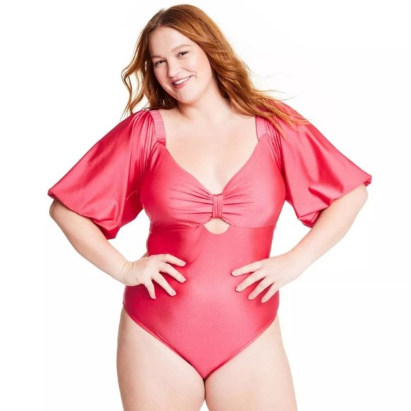 NWT Fe Noel Metallic Puff Sleeve Cut Out Medium Coverage One Piece Swimsuit - Picture 1 of 5